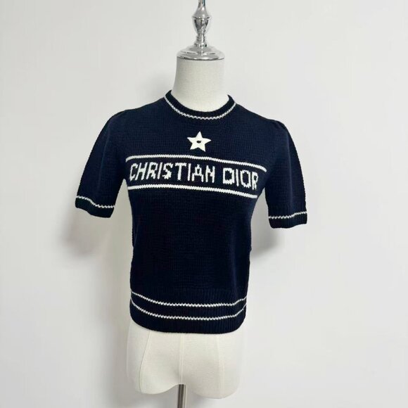 Christian Dior Short-Sleeved Sweater Navy Blue Cashmere and Wool Knit - Picture 2 of 10